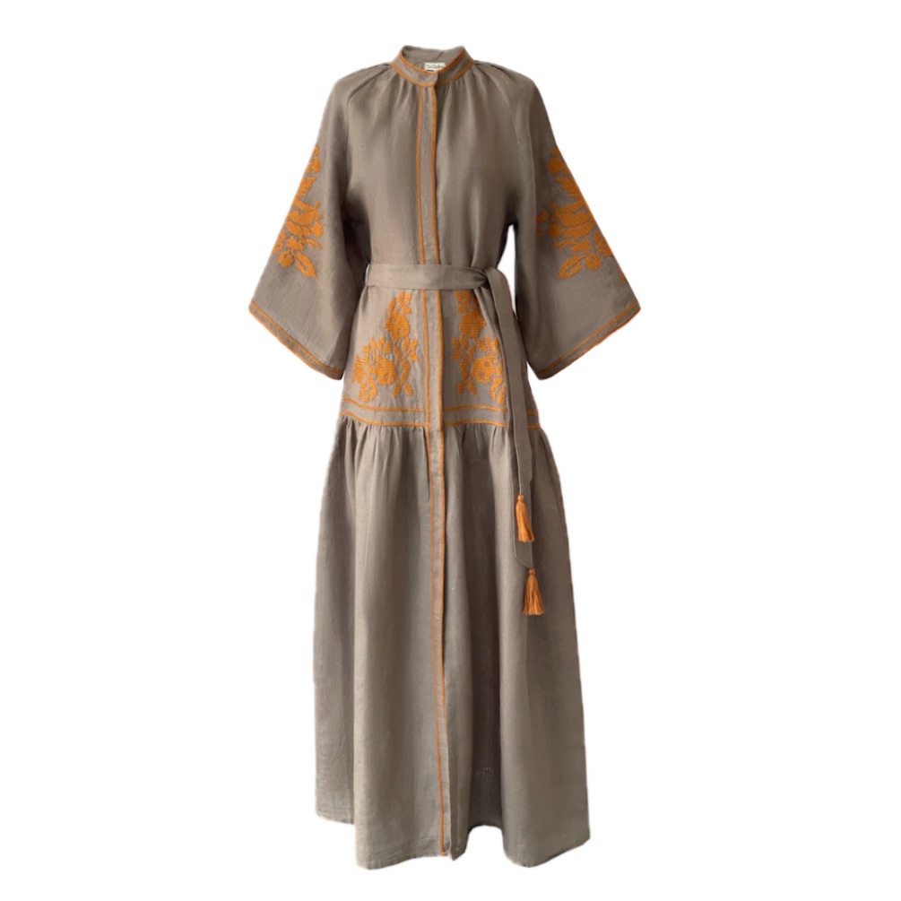 De Castro Honey Swan Dress Brown & Mustard Linen Embroidered Euc Size S